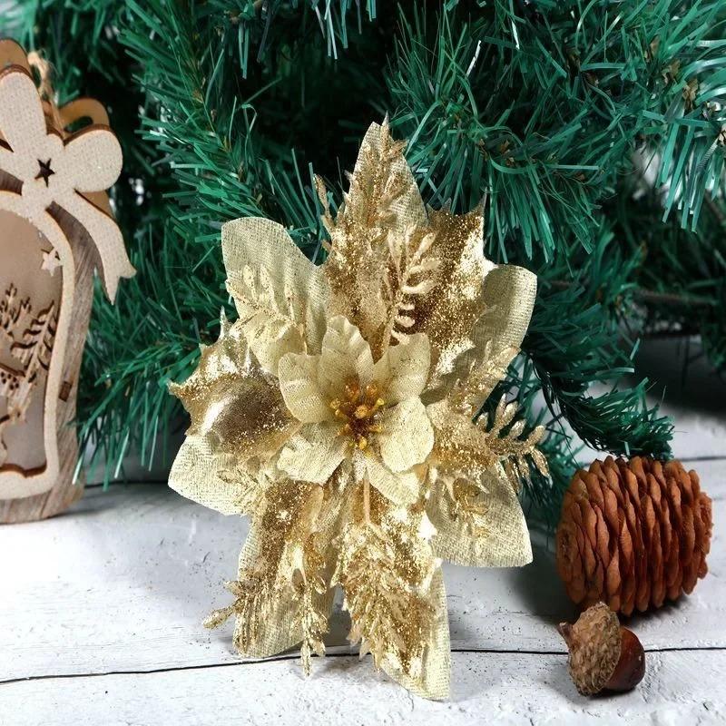 Christmas Glitter Artificial Flowers Floral Silk Fake Flower with Clips for Xmas Tree Hanging Ornaments New Year Gift Home Decor