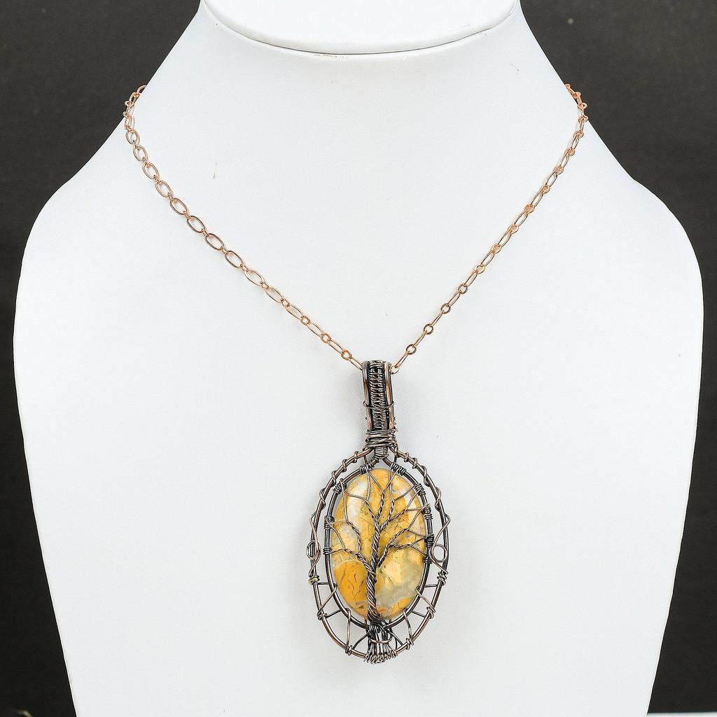 Дерево Жизни Малигано Яшма Медная проволока Обернутая Подвеска Ручная работа Медные украшения Подвеска с драгоценным камнем Украшения из проволоки Обертывание камня Подвеска