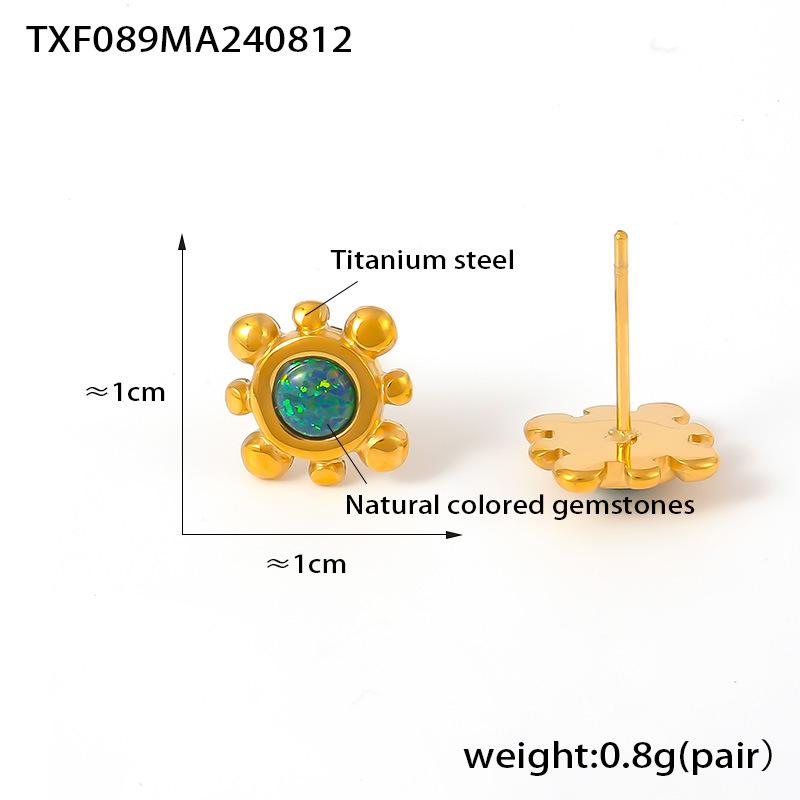 Small and Exquisite Sunflower Natural Gemstone Stud Earrings, Collarbone Necklace, Titanium Steel Plated 18k Real Gold Stacking Set