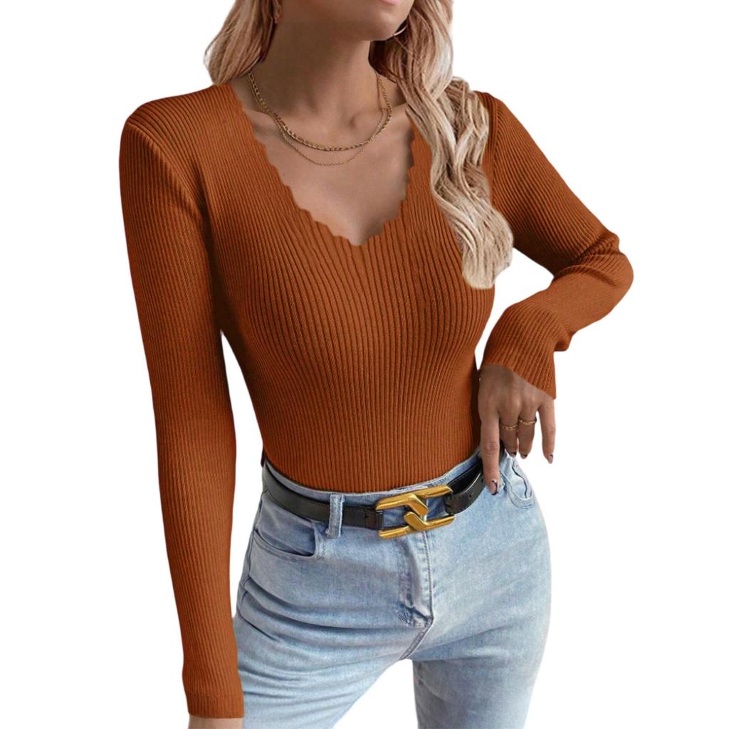 Women's V-neck Solid Color Long-sleeved Pullover Knitted Sweater Bottoming