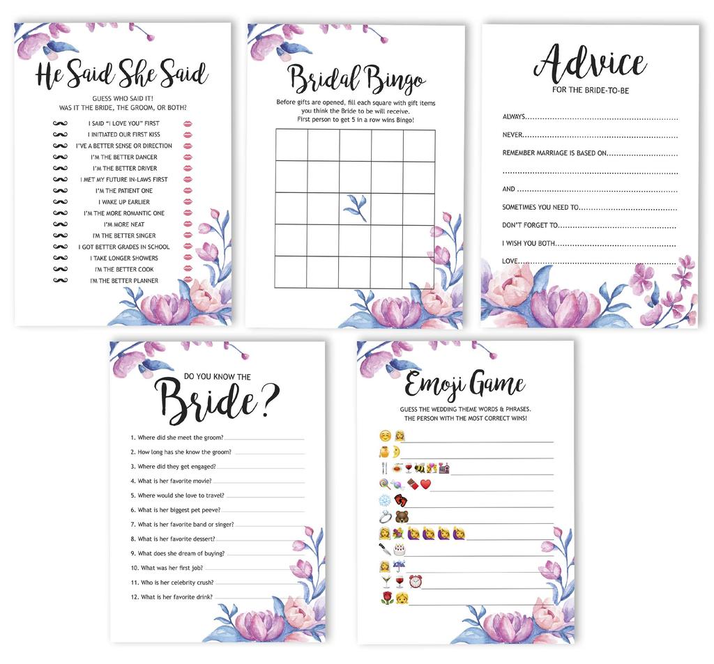 Inkdotpot Floral Theme Bridal Shower Games Set of 5 (Activities for 50 Guests) Fun Bachelorette Party Games Set Bundle