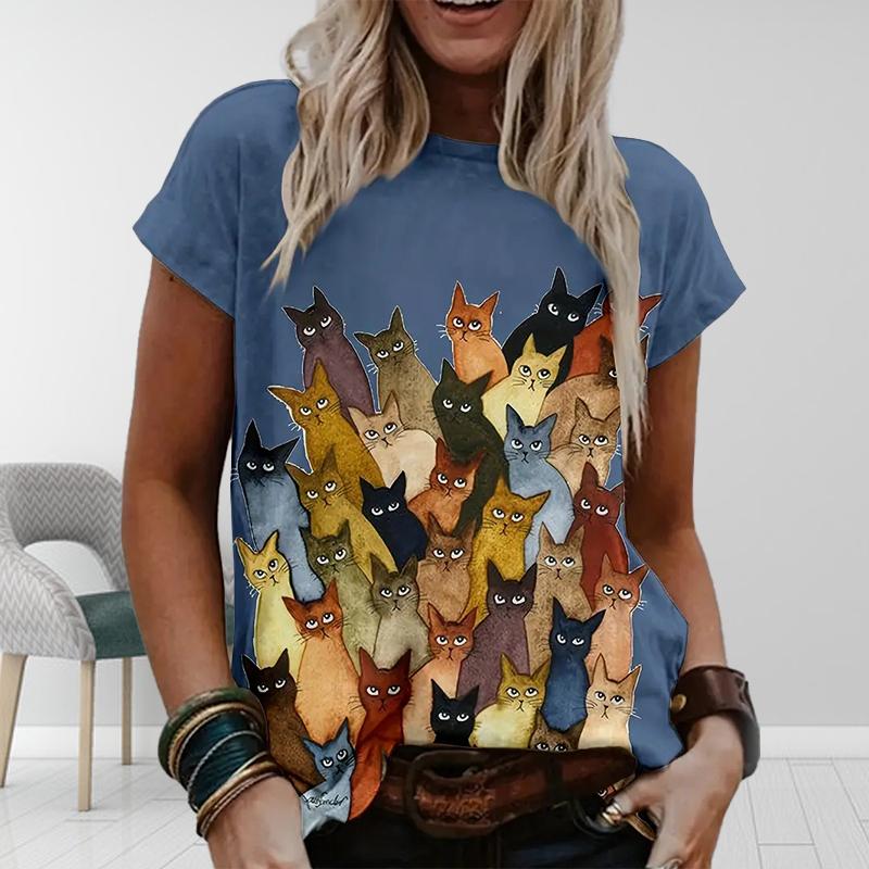 Женская летняя футболка с принтом в виде красочного кота и граффити, футболки с коротким рукавом, повседневные топы с принтом