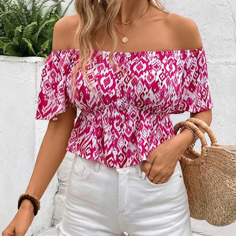 Женские модные повседневные летние весенние блузки и рубашки с цветочным узором и принтом на одно плечо с коротким рукавом
