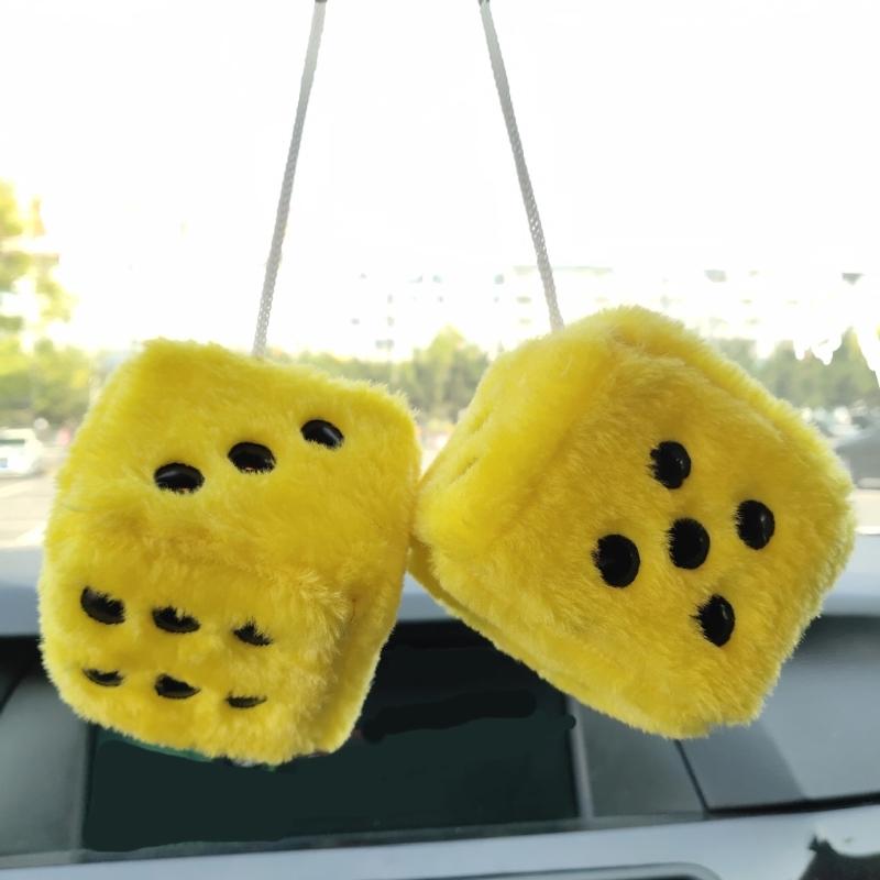 Hanging Dice 3-inch Retro Square Mirror Hanging Couple Fuzzy Plush Dice with Dots For Car Interior Ornament Decorations