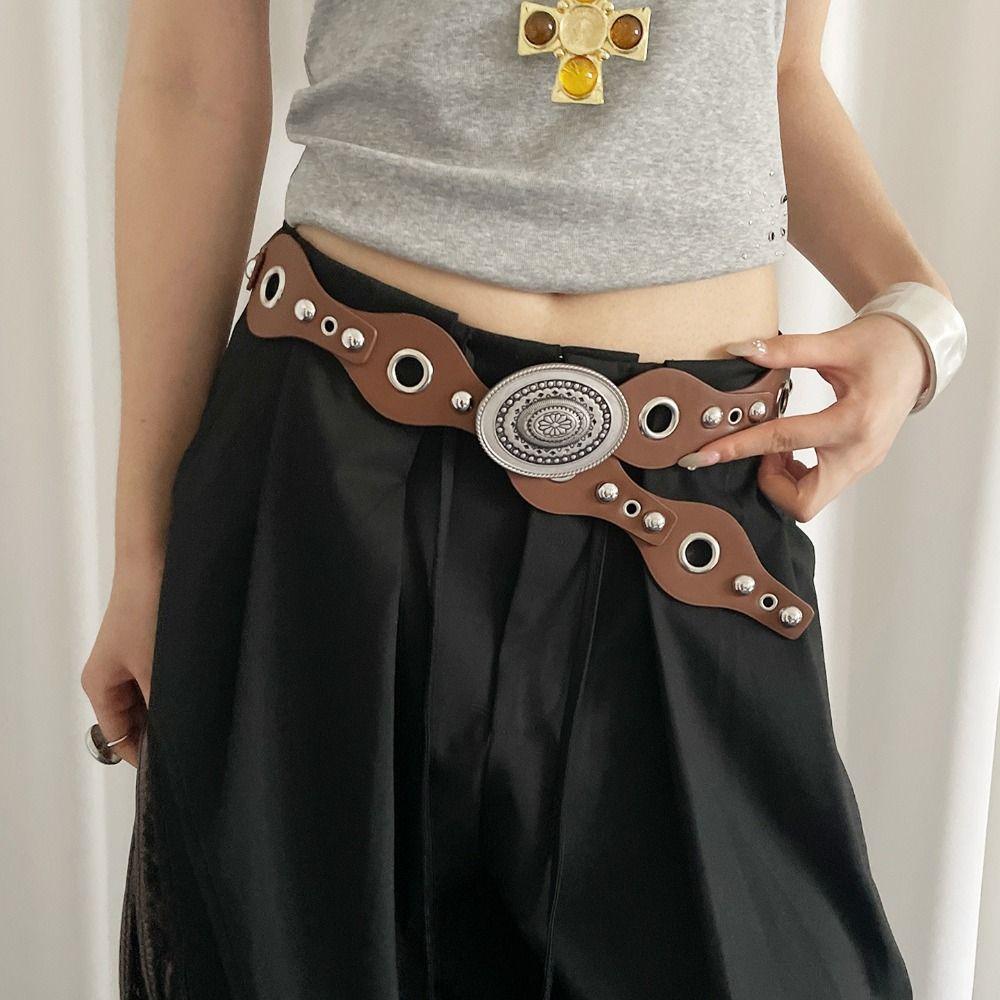 Vintage Women's Rivet Belt Leopard Dress Jeans Belt Leather Waistband  Waist Accessories