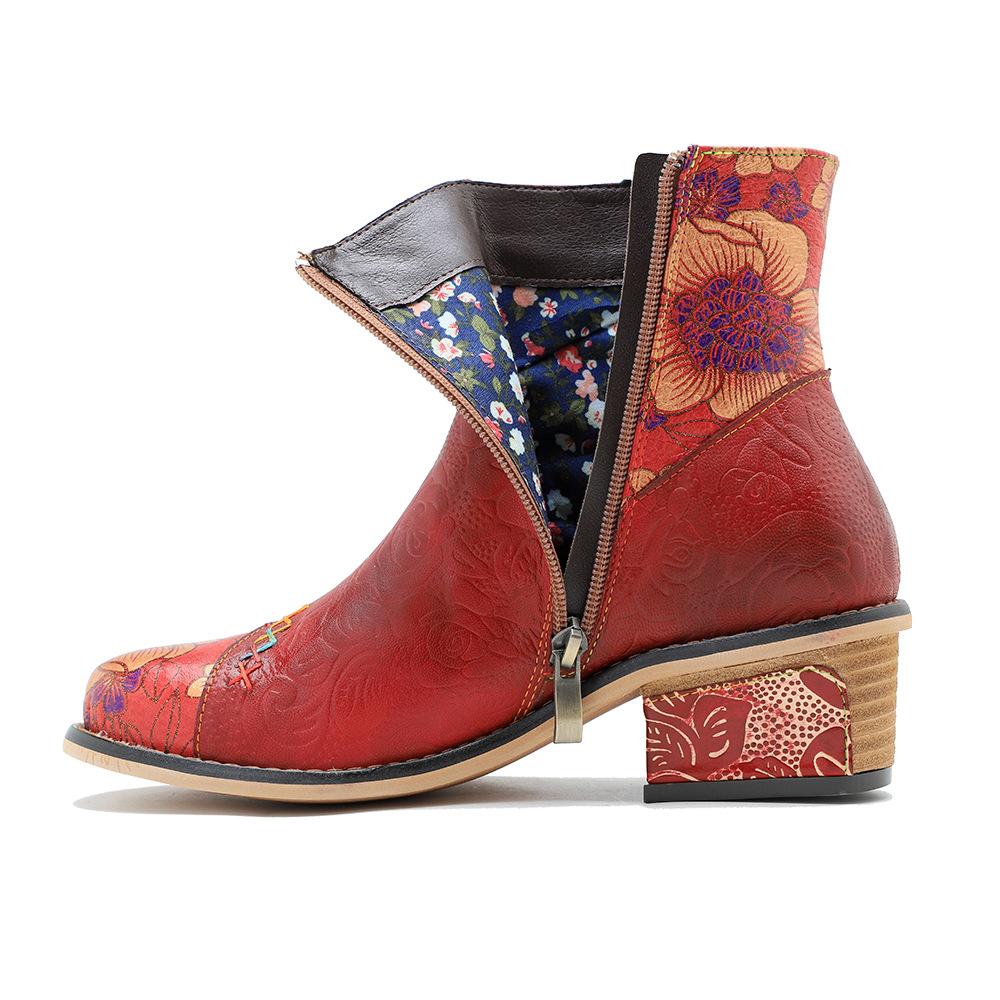 Johnature Винтажные красные туфли, женские короткие сапоги ручной работы из натуральной кожи с принтом на шнуровке