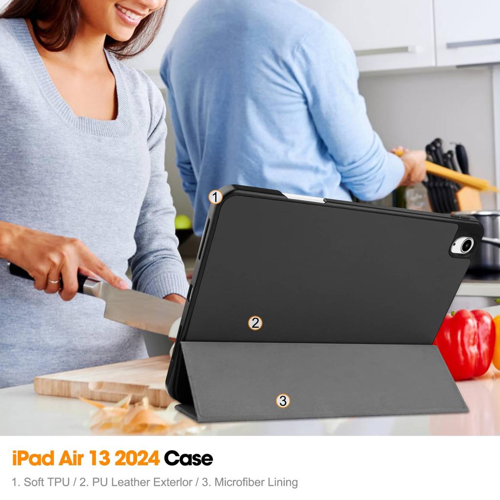 Для iPad Air 13 M3 M2 Pro 12.9 2018 с держателем для Apple Pencil - [Трехскладная подставка + Автоматический режим сна/пробуждения], Премиальный чехол из ПУ-кожи, Ударопрочный