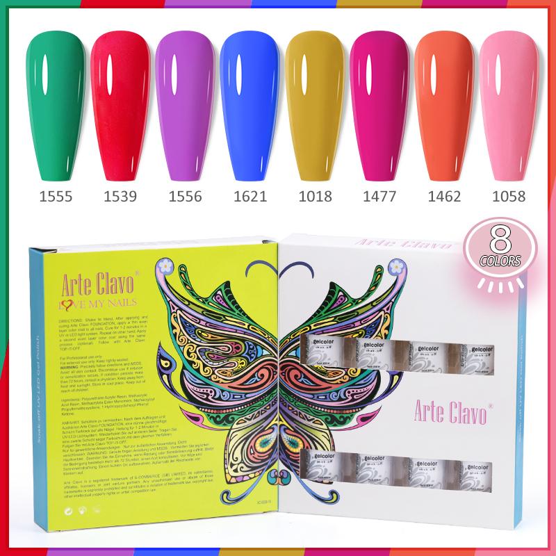 Arte Clavo 8 бутылок/набор, высококачественный блестящий гель-лак для ногтей для маникюра, гель-лак для дизайна ногтей, верхнее базовое покрытие, лак