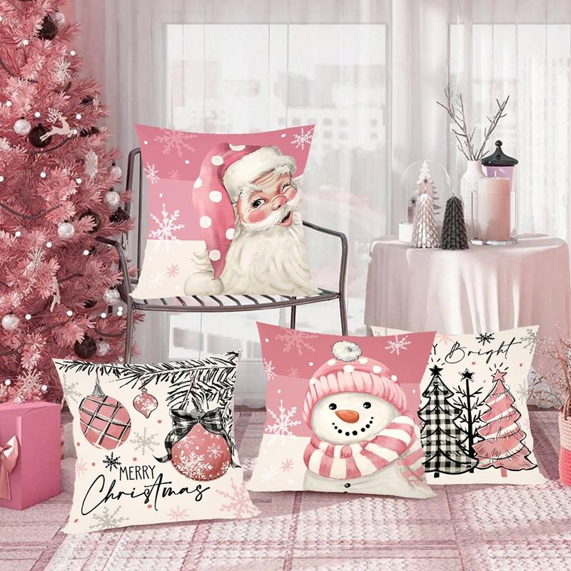 4Pcs Pink Christmas Snowman Pillowcase Navidad Natal Noel Tree Cushion Cover Christmas Decorations For Home New Year
