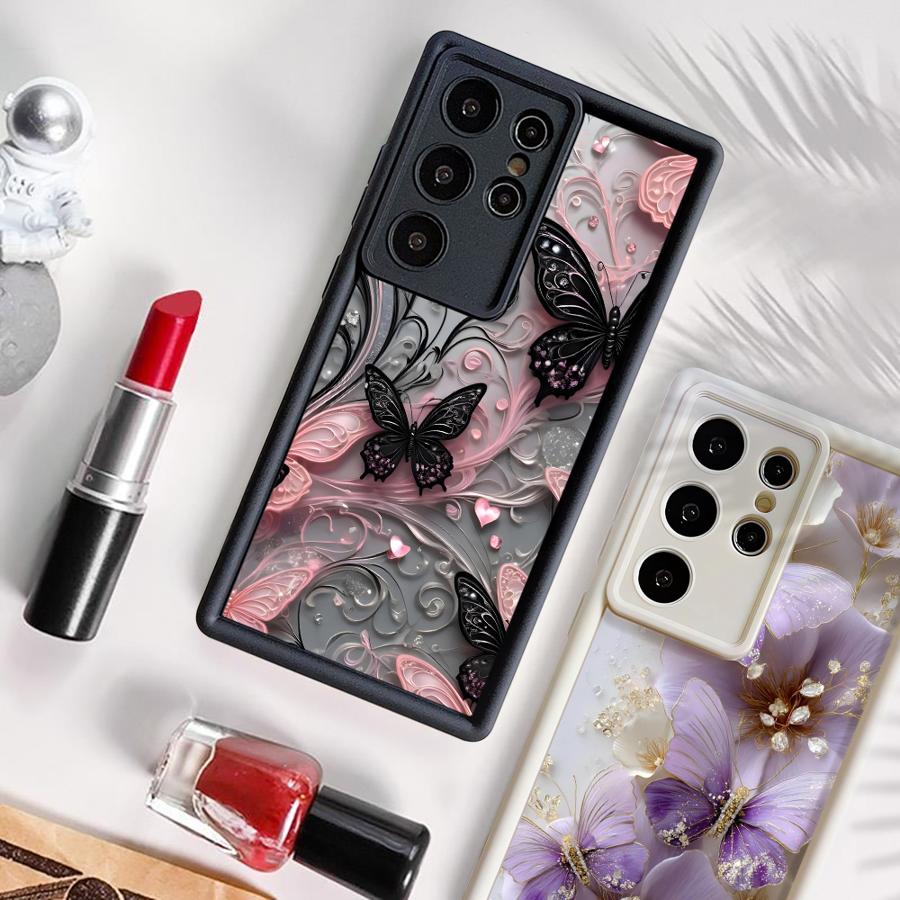 Phone Cover Case for Samsung Galaxy S26 Ultra S24Ultra S23 FE S21 S25 S25 Edge S20FE S22 S24 Plus Black Butterfly Pattern