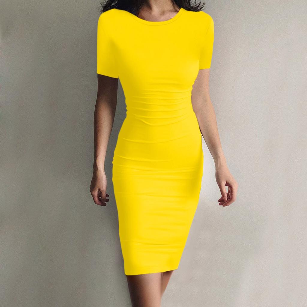 Женское облегающее платье с коротким рукавом, модное платье с круглым вырезом
