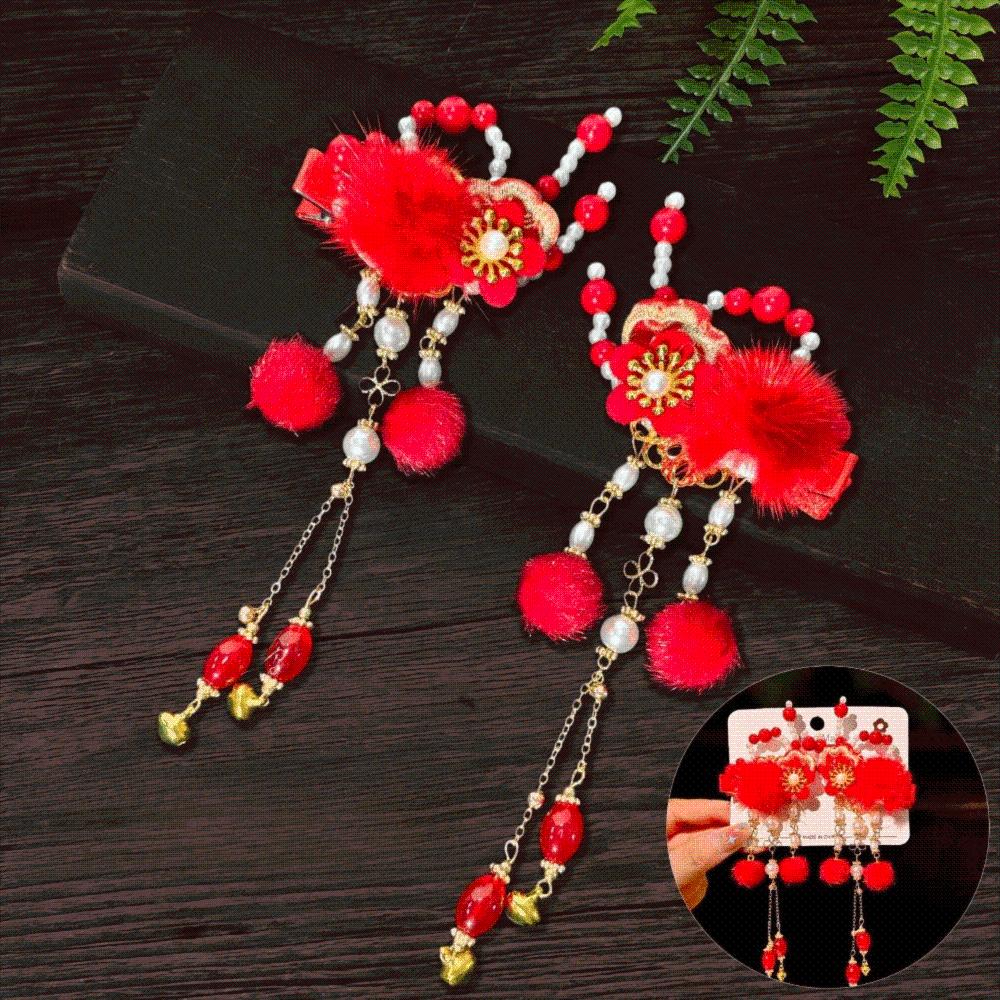 1 Pair Flower New Year Headwear Pearl Bow Tassel Hairpin Headwear Hanfu Red Hair Clips Children