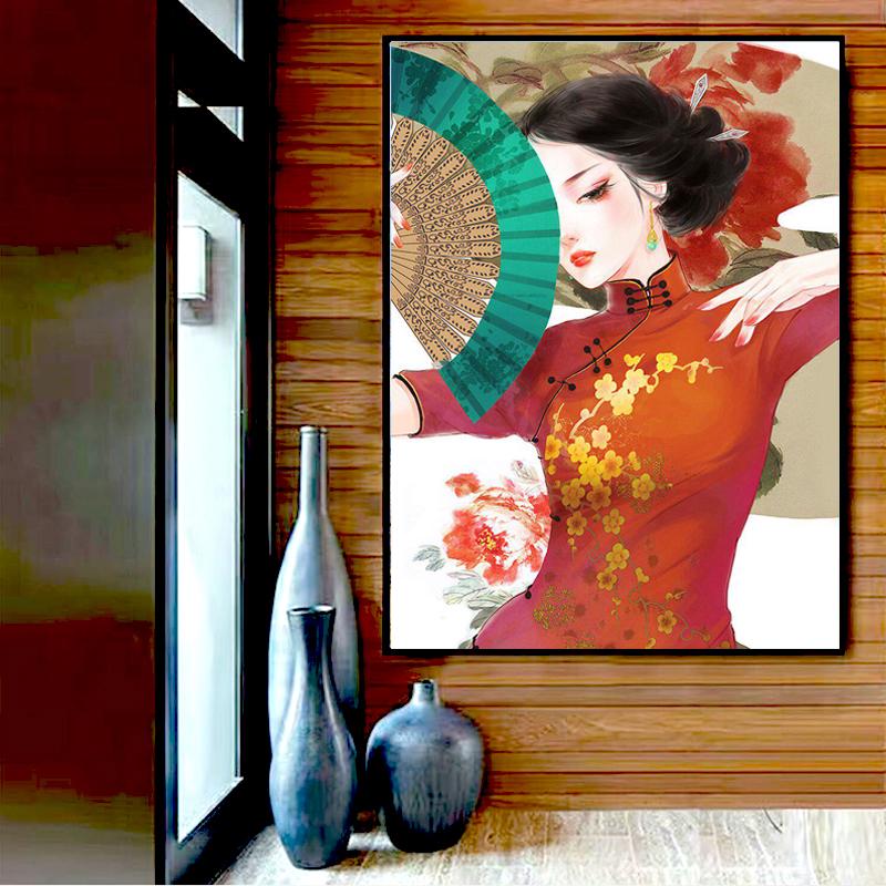 Алмазная вышивка Cheongsam Женщина Полный Круглый Алмазная Картина Мозаика Домашний Декор