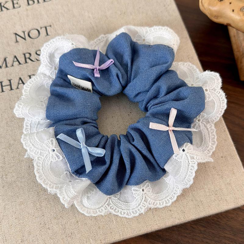 Fashion Colorful Bow Denim Splicing Lace Hair Scrunchies Headband Women RetroTemperament Hair Rope Girl Tie Ponytail Rubber Band