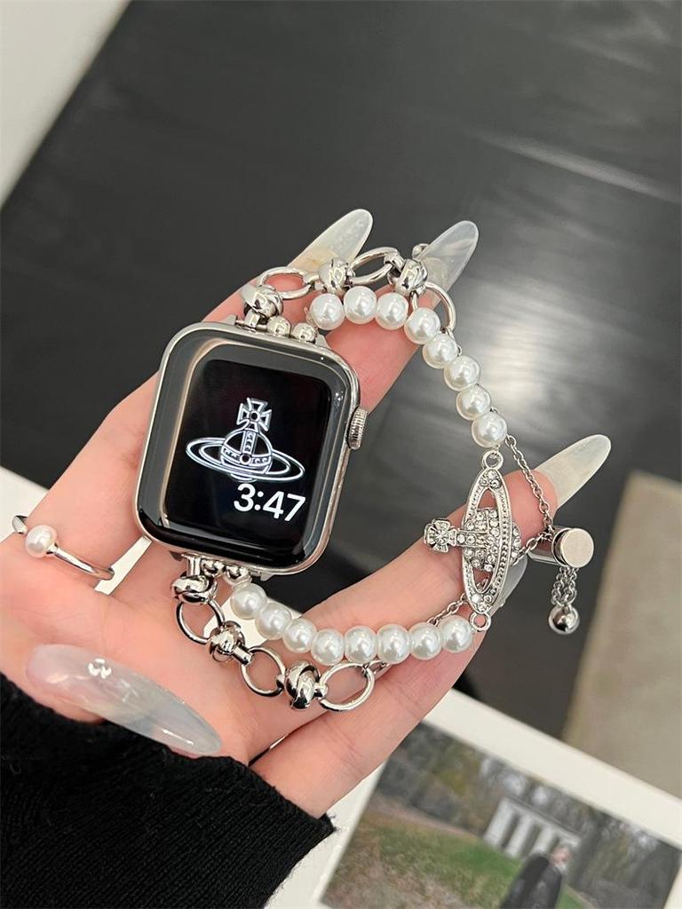 Элегантный металлический браслет королевы-матери для Apple Watch 10, 9, SE, 8, 7 — с цепочкой из 654 бусин.