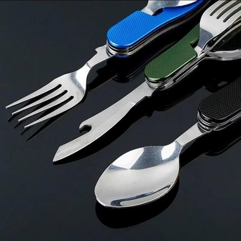 Corrosion Resistant Portable Folding Stainless Steel Cutlery Set Fork Spoon Knife Bottle Opener for Picnic Travel Daily Use