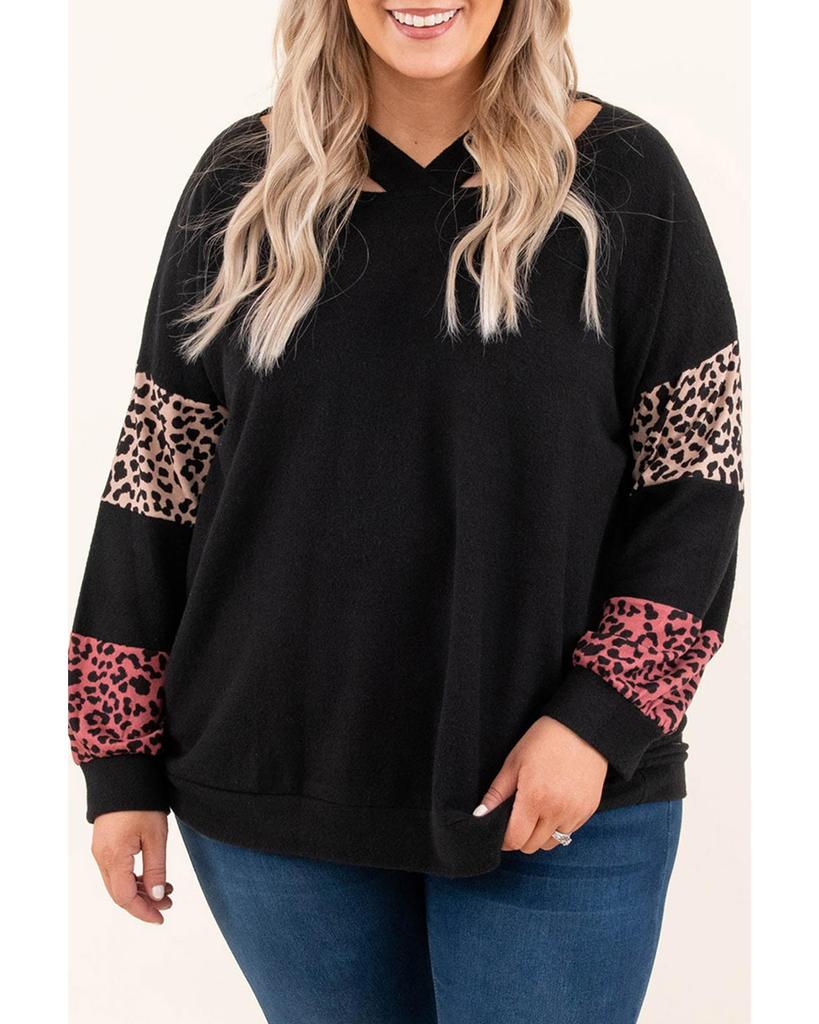 Azura Exchange Black Plus Size Leopard Patchwork Strappy Neck Top