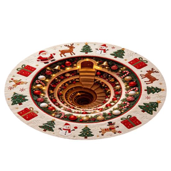 Santa Claus Elk Print Rugs Christmas Round Area Rug, 3D Visual Trap Floor Mat with Print, Festive Entrance Hall Runners Non-Slip Stain Resistant
