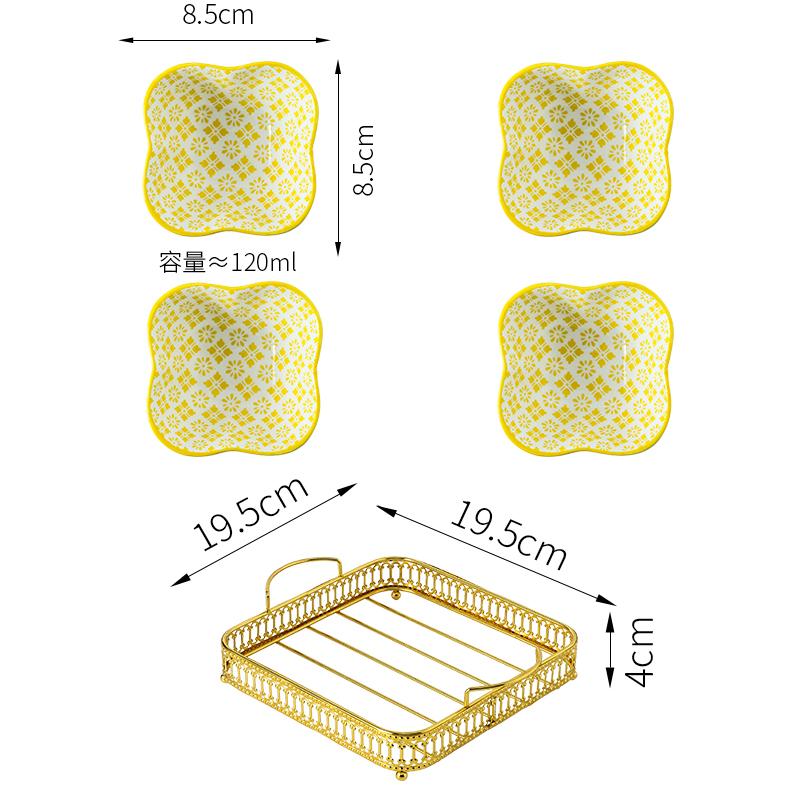 Керамическая тарелка для закусок Чаша для закусок с металлической рамкой Закуски в японском стиле Блюдо для сухофруктов с золотым основанием Тарелка для фруктов Dim Sum