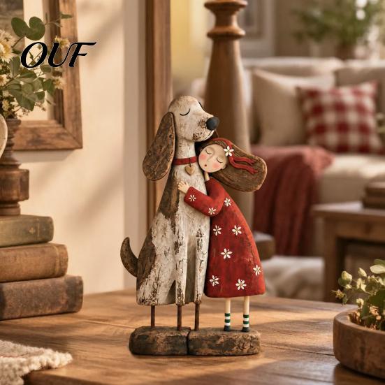 Handmade Keepsake for Special Occasions Girl And Pet Figurine, Cat/Dog Statue, Distressed Resin Friendship Whimsical Animal Figurine Garden Sculpture