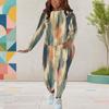 Women Plus Size Round Neck Long Sleeve Printed Fitted Pants Two Piece Set