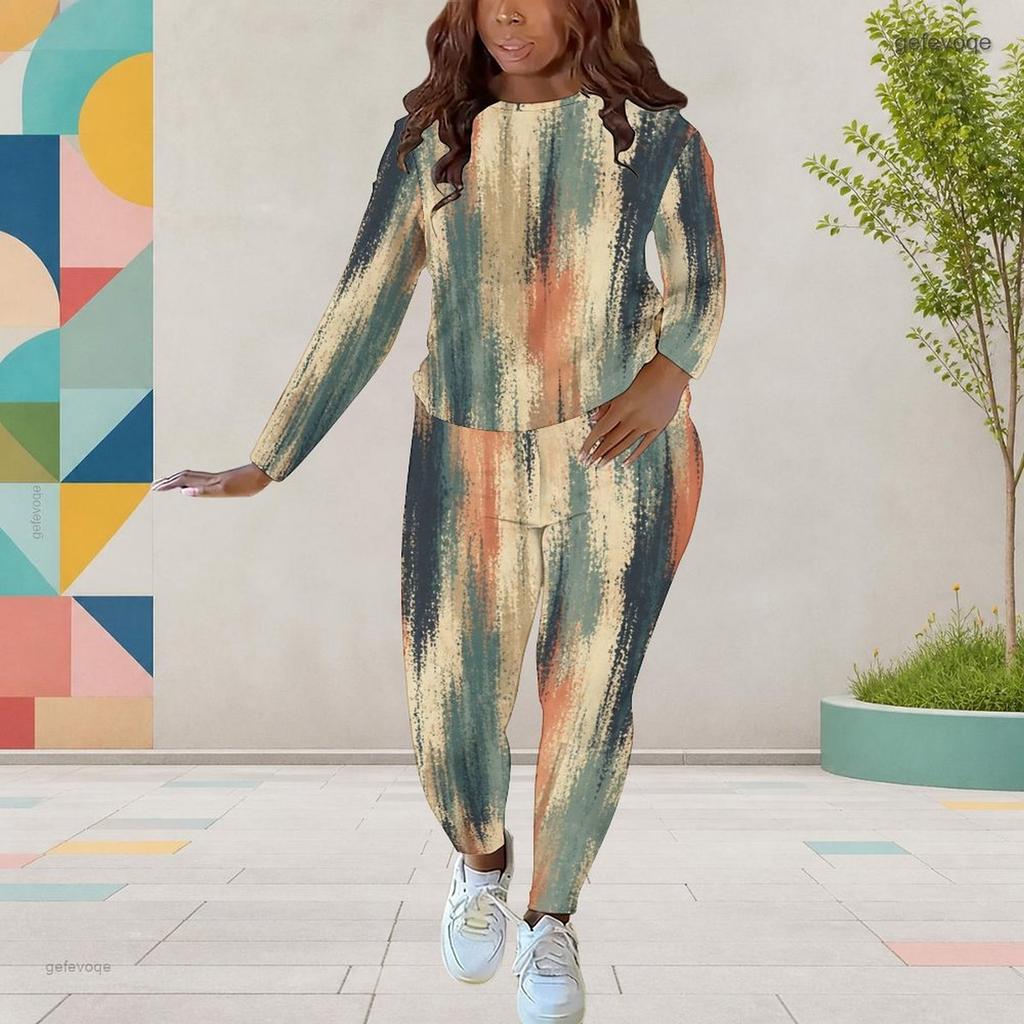 Women Plus Size Round Neck Long Sleeve Printed Fitted Pants Two Piece Set