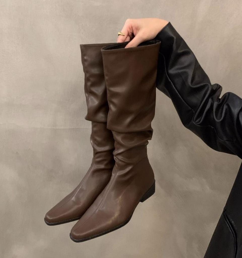 Модные женские сапоги до колена, осенне-зимняя женская обувь, модные женские сапоги без застежек, на низком каблуке, с круглым носком, на плоской подошве, длинные сапоги Botas De Mujer