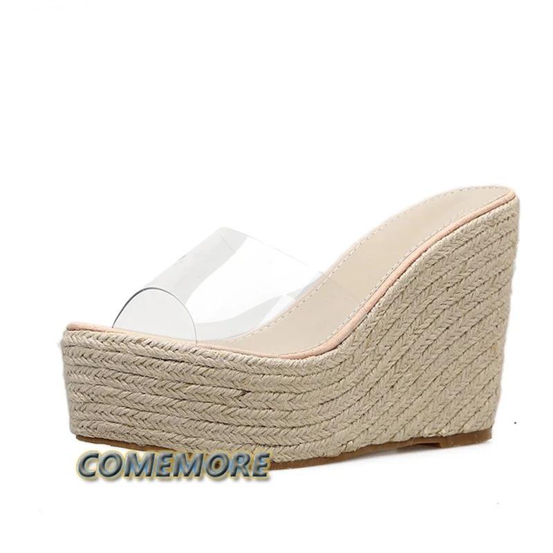 Модные босоножки из ПВХ на танкетке с платформой, сексуальные, на высоком каблуке, новинка 2024 года, прозрачные, женские, удобные, повседневные, туфли, большой размер 34-40