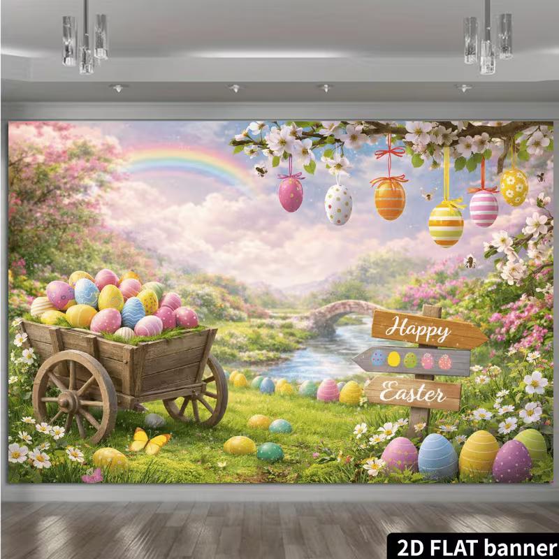 2D Spring Easter Wagon and Flowers Background Cloth Photo Booth Prop