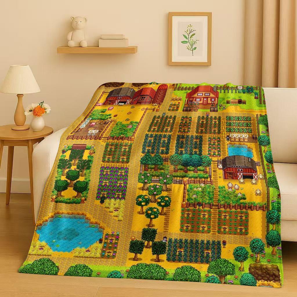 Retro Stardew Valley Farm Map Pixel Game Flannel Blanket,Ultra Soft Warm Plush Throw for Home Bedroom Bed Sofa Cover Kids Gift