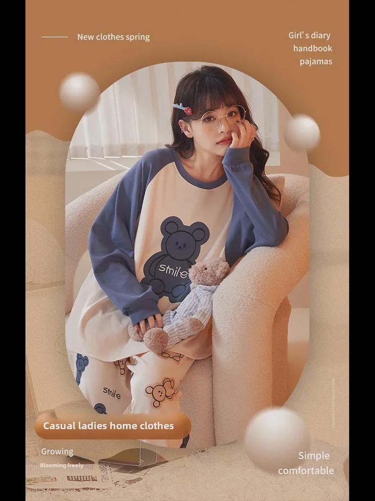 Женский пижамный комплект весна/осень: Длинный рукав, мультяшный дизайн, свободный крой, нагрудные накладки, подходит для использования в помещении и на улице.
