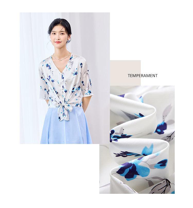 Mulberry Silk Elastic Satin V-neck Hem Knotted Temperament Women's Shirt