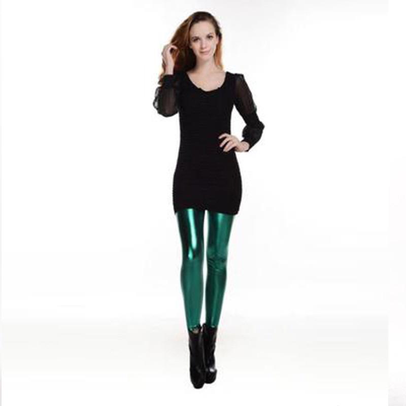 European-American Fashion Faux Patent Leather Mid-Waist Stretch Pants - Bright, Nine-Point Length