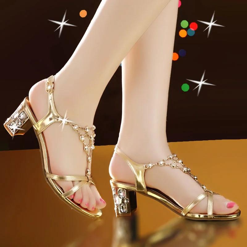 Модные летние женские квадратные сандалии Премиум-сандалии с открытым носком Винтажные нескользящие кожаные повседневные туфли на платформе со стразами на высоком каблуке