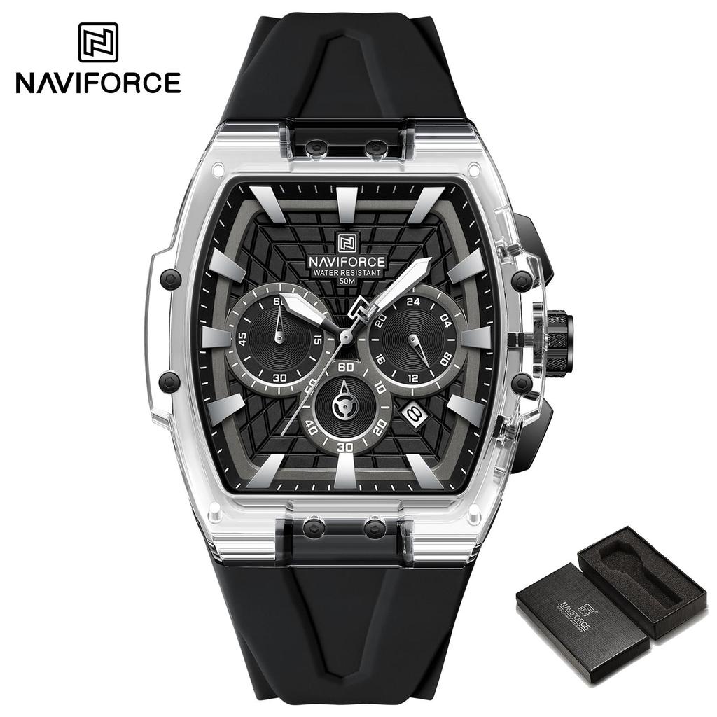 Naviforce Оригинальные мужские спортивные часы-хронограф Кварцевый механизм Силиконовый ремешок Водонепроницаемость 50 м Светящиеся стрелки Легкие мужские повседневные часы NF6113