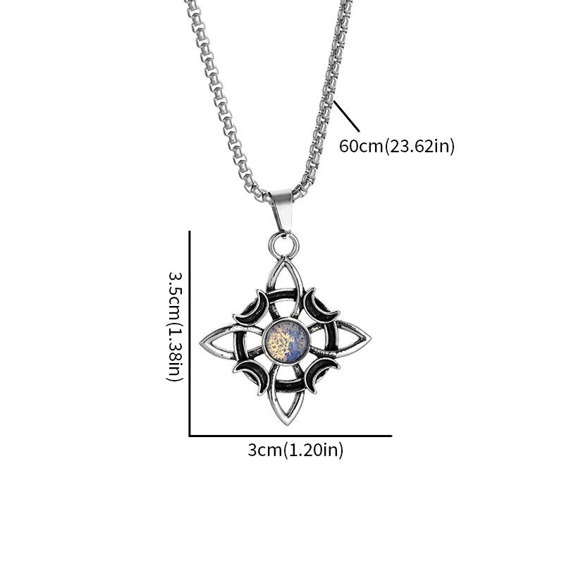 Personalized Fashion Alloy Pendant Necklace, Witch‑Knot‑Pattern Pendant Inlaid with Haoshi Stone Retro‑Symbol‑Carved Decorative Neck‑Jewelry Accessory