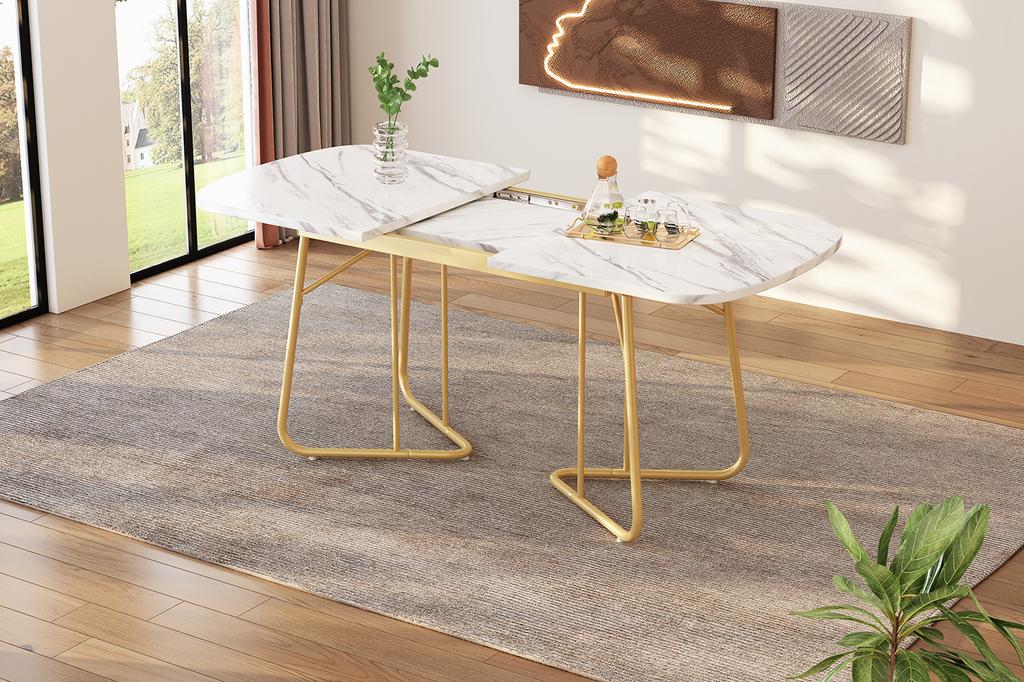 White Extendable Dining Table with Marble Structure, Gilded Metal Table Legs, 140/180*80 cm, Exquisite Luxury, Rectangular, Suitable for 4–6 Persons