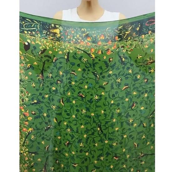 Sunscreen Exquisite Faux Silk Scarf Women Green Peacock Pattern Rectangle Shawl Costume Accessories
