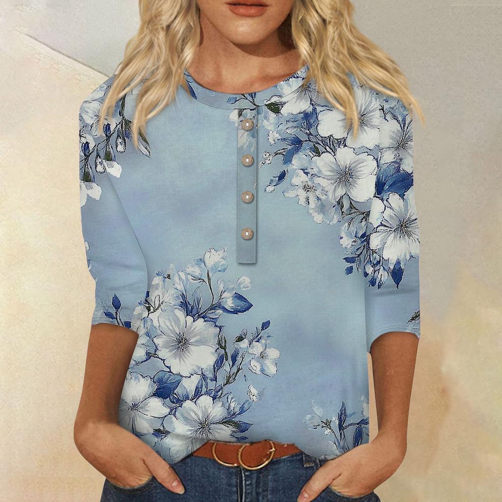 Женская мода повседневная 3/4 рукава цветочный принт пуловер круглый вырез топ повседневная одежда