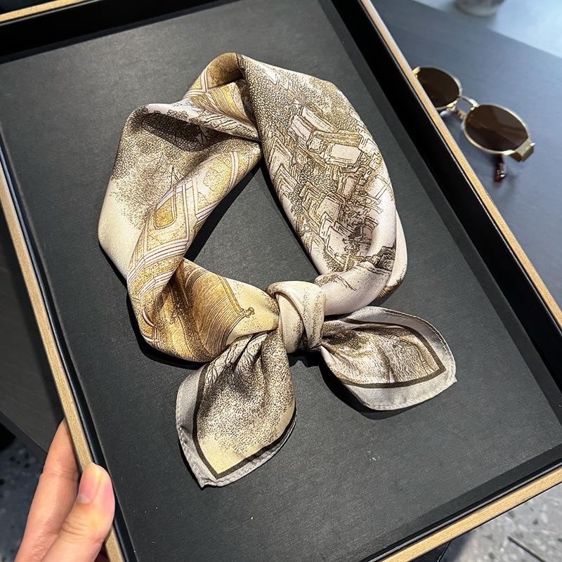 Retro landscape printing silk small square scarf women fashion travel photography high sense decorative mulberry silk scarf
