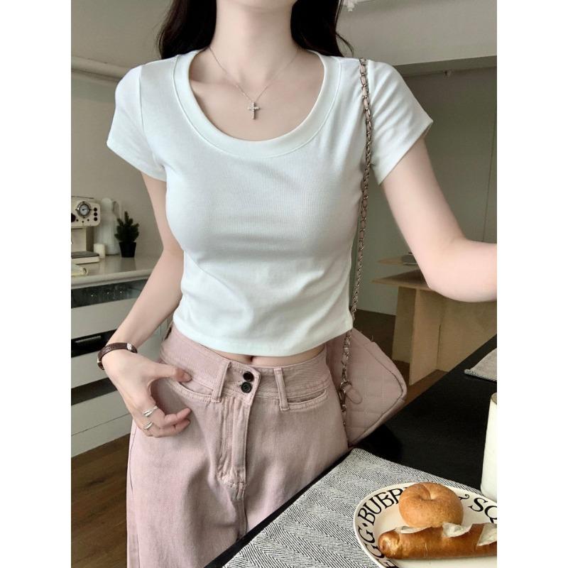 Футболка из чистого хлопка с U-образным вырезом спереди и короткими рукавами для женщин, летняя, новая, маленькая, короткая, облегающая, топ