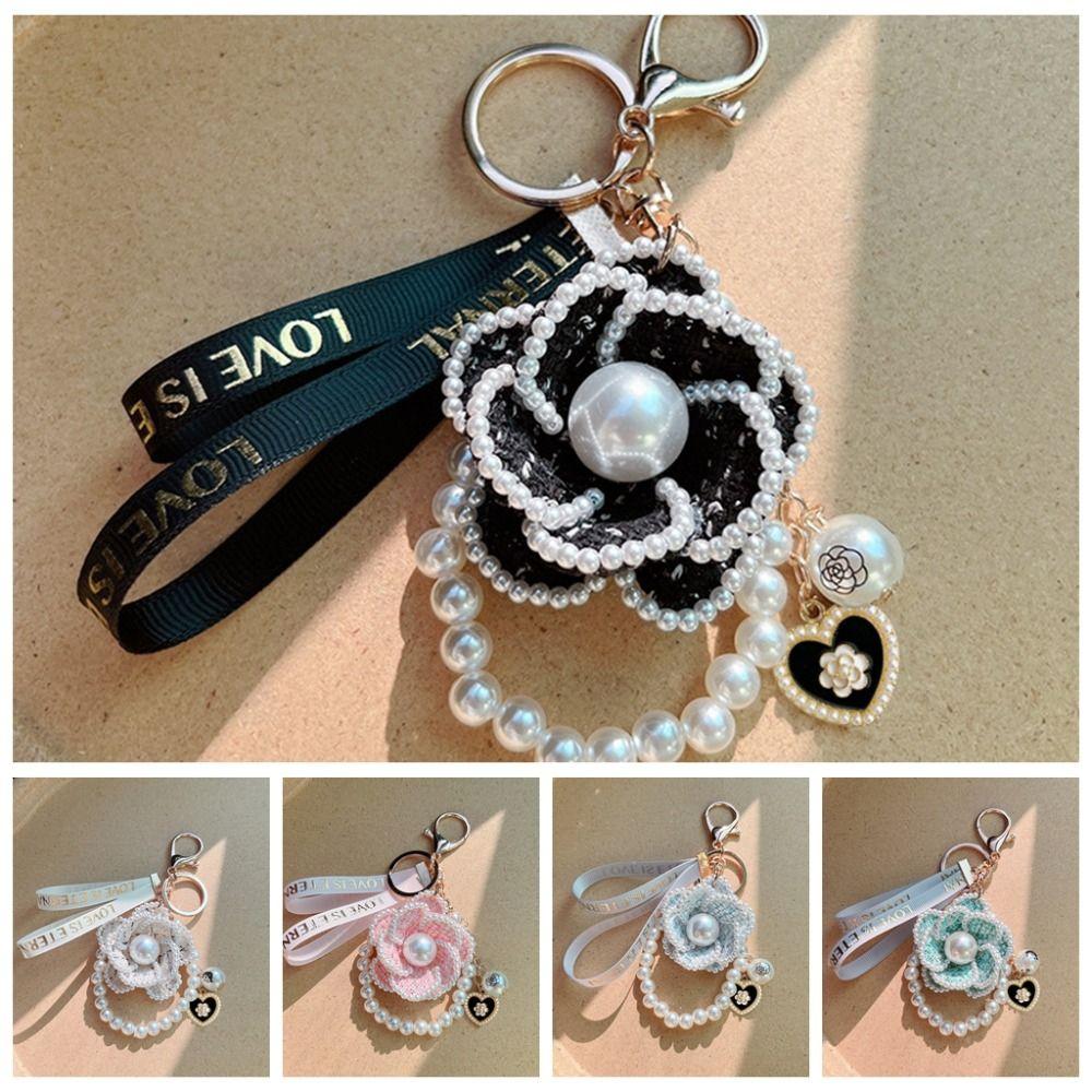 Korean Camellia Flower Keychain Letter Bag Hanging Pendant Fashion Car Key Ring  Girl