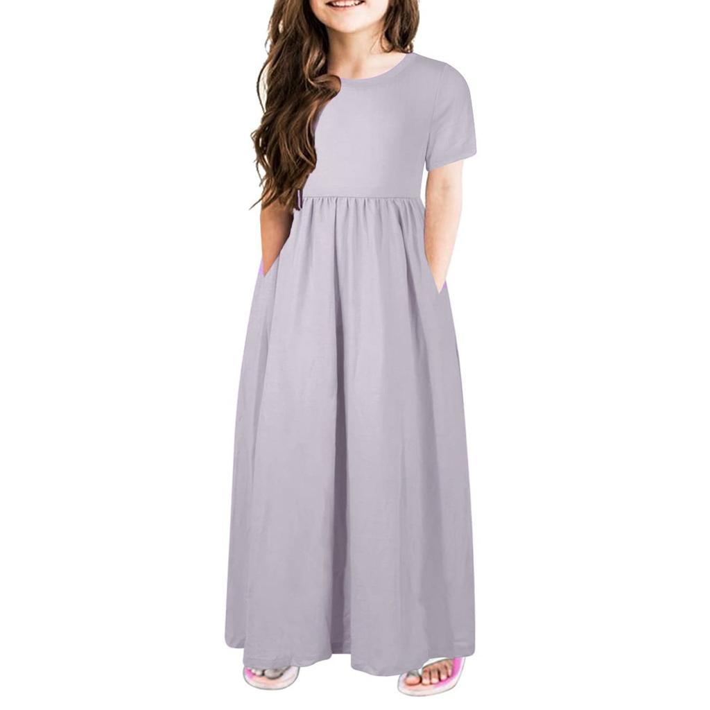 Летнее платье для девочек с круглым вырезом, короткими рукавами и карманами, длинной юбкой