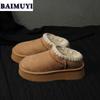 Flats Fur Slippers Women Platform Ankle Snow Boots Brand Designer Cotton Shoes Woman Mules 2025 Winter Suede Warm Plush Slides