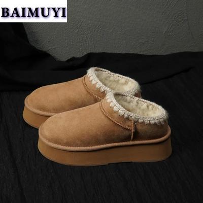 Меховые тапочки на плоской подошве, женские зимние ботинки на платформе, брендовые дизайнерские хлопковые туфли, женские мюли 2025 года, зимние замшевые теплые плюшевые шлепанцы