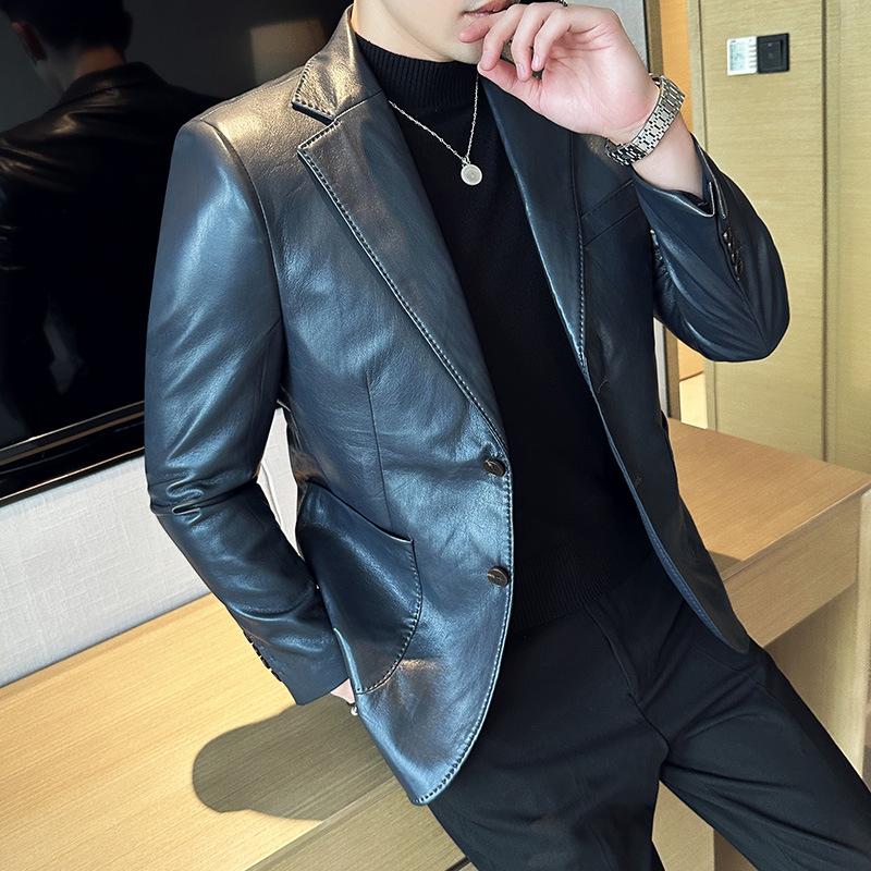 Мужская однотонная кожаная куртка - модный приталенный деловой повседневный стиль, DX02.