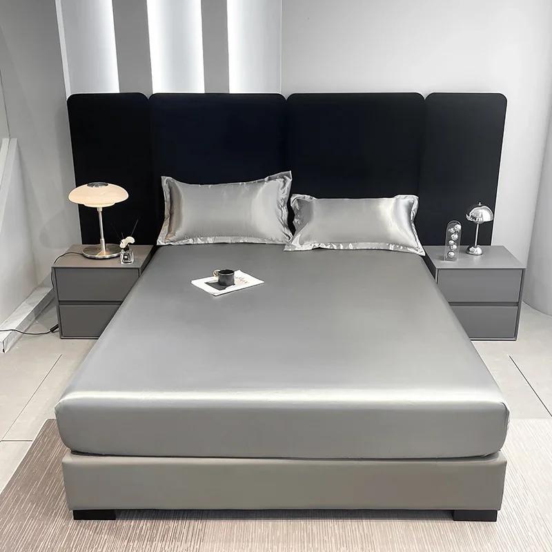 Silky Satin Waterproof Fitted Sheet Breathable Elastic Mattress Cover Solid Smooth Bed Sheet