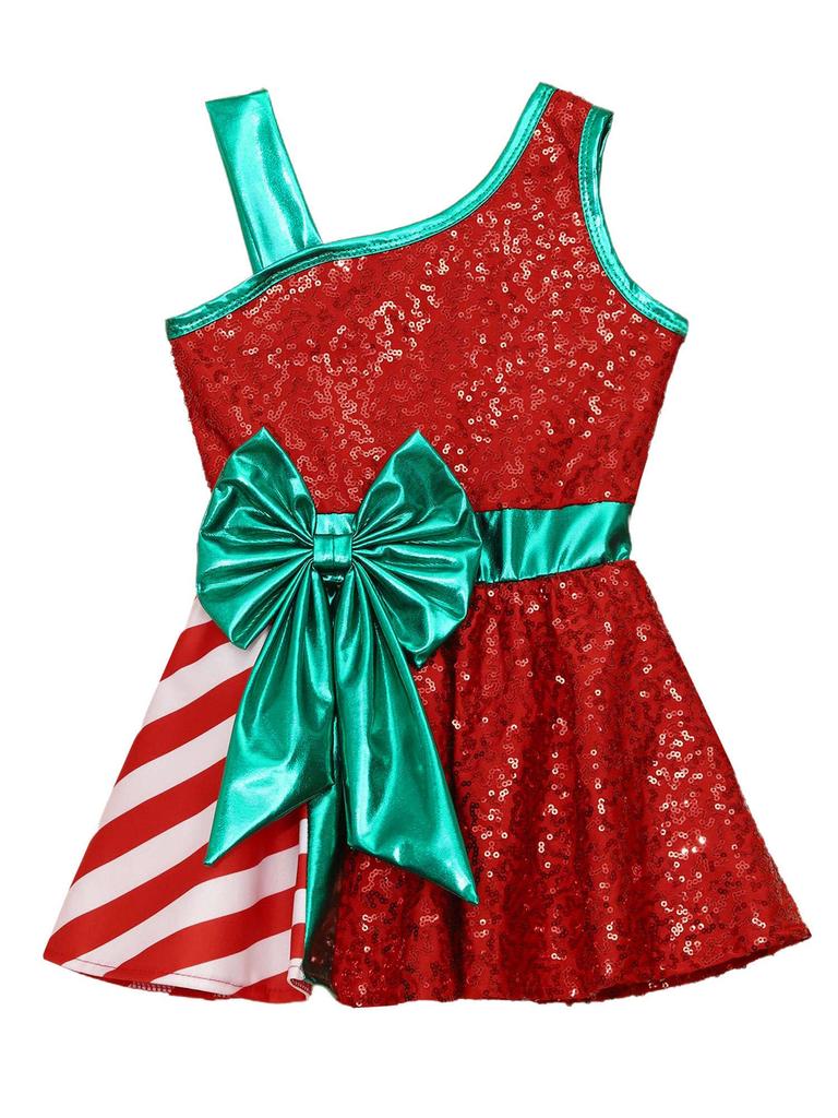 Kids Girls Sequins Christmas Dress Xmas New Year Dress Big Bow Stripe Stage Performance Santa Clause Party Dancewear