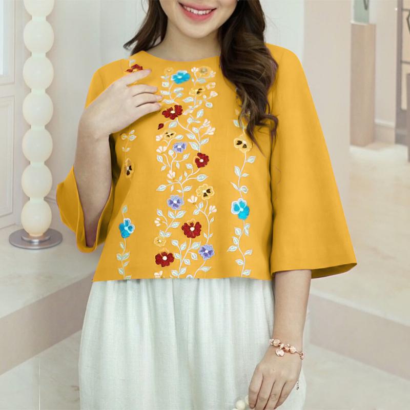 ZANZEA Женская повседневная блузка с круглым вырезом и рукавом 3/4 с цветочным принтом