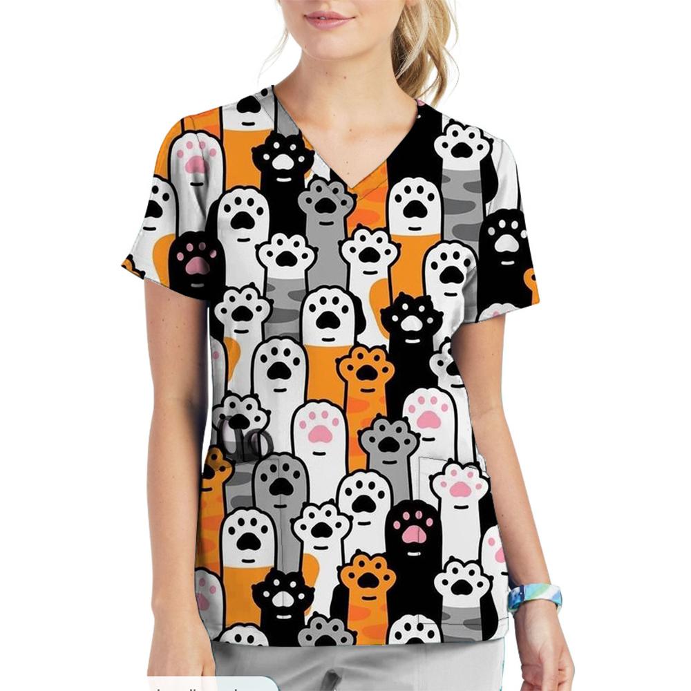 Animal Printed Pet Clinic Vet Work Uniforms Women Nurse Accessories Hospital Doctor Nursing T-Shirt Medical Scrubs Clothes Tops